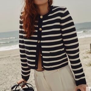 J Crew Emilie Patch Pocket Lady Knit Sweater Jacket Stripe Women's Size Small